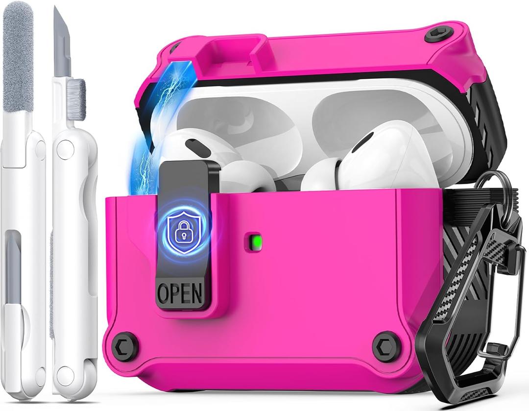 R-fun Compatible with AirPods Pro 2nd Generation 2023(USB-C),2022(Lightning Cable),1st Gen 2019 Charging Case, Full Drop Protection Auto Pop-Up Lid Design with Cleaner Kit,Black/Rose Pink (AirPods Pro Case, B-Rose Pink)