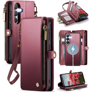 Defencase for Galaxy S26 Magnetic Wallet Case Compatible with Magsafe with RFID Blocking Zipper & Card Holder for Women Men, PU Leather Detachable Phone Case for Samsung Galaxy S26 6.3", Wine Red