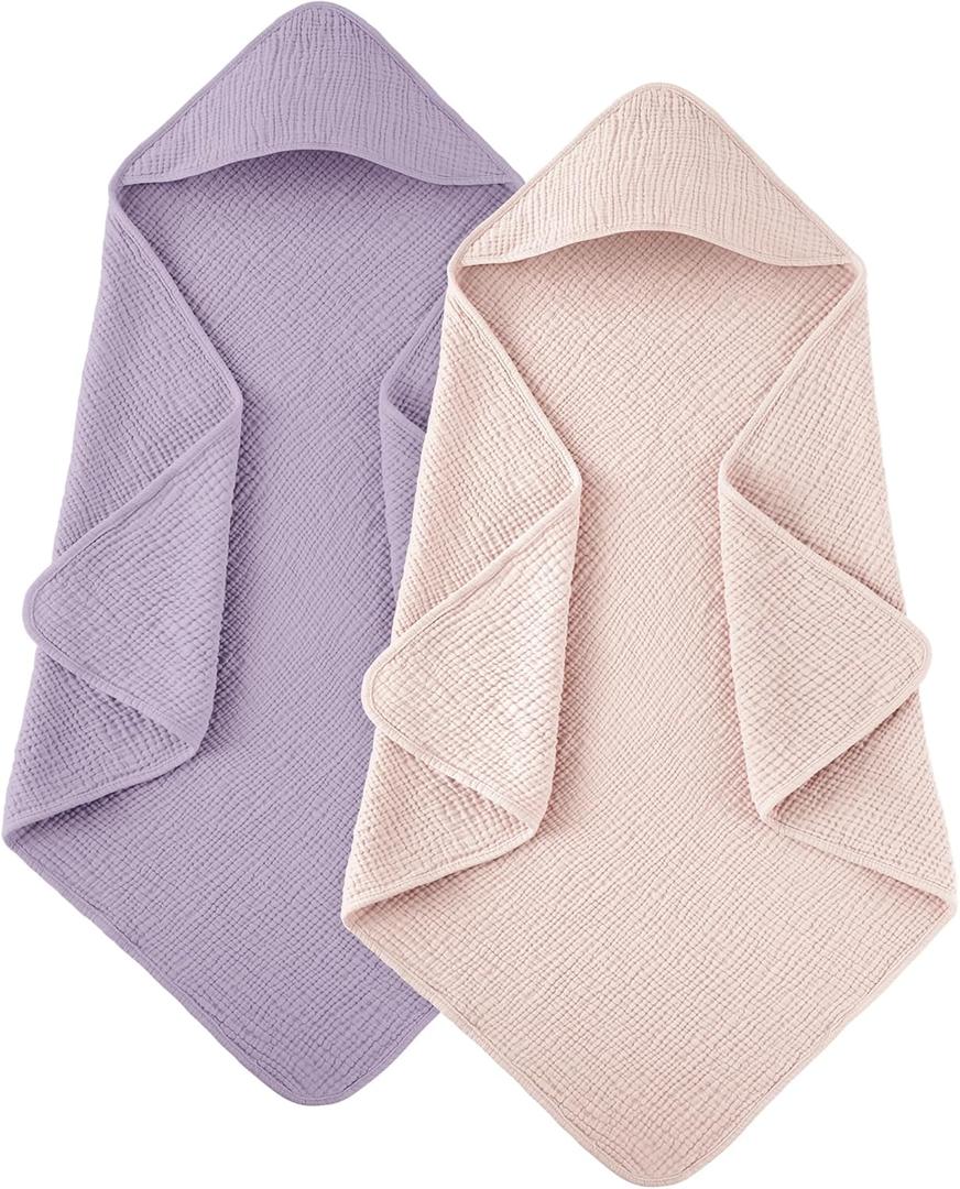 Susurration Hooded Baby Towels for Newborn 2 Pack 100% Muslin Cotton Towel for Babies Highly Absorbent and Newborn Essential 30x30 Inch Pink & Purple