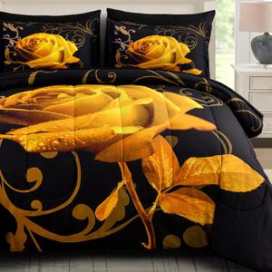 WONGS BEDDING Yellow Comforter Set Queen, Reversible Yellow Rose 7 Pieces Bed in a Bag, Lightweight Soft Microfiber Bedding Sets with Flat Sheet, Fitted Sheet, Pillowcases & Shams