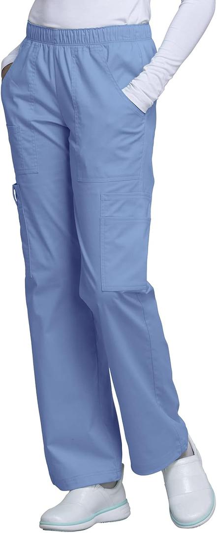 Cherokee Scrub Pants for Women Mid Rise Pull-On Cargo Medical Uniform 7 Pocket Elastic Waist Adjustable Hem Stretch 4005 (Blue, L)