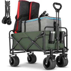 Beach Wagon,Collapsible Foldable Wagon Cart with Big Wheels,Utility Folding Grocery Lounge All Terrain Wagon with Side Pocket and Brakes for Sand Camping Sports Outdoor(Green).