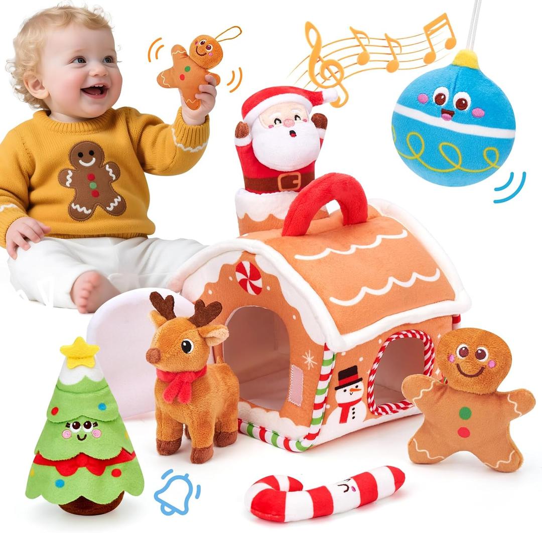 hahaland Baby Toy for 612 Months  Musical & Sensory Plush Toy Set with Gingerbread House, Santa, Reindeer & Rattles, Soft Infant Activity Toys, Baby Easter Basket Stuffers