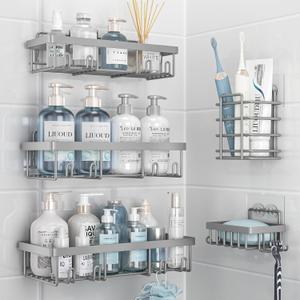 Liuoud 5 Pack Shower Caddy Organizer Rack Shelf for Inside Shower, Self Adhesive Bathroom Wall Storage Basket Rustproof Stainless Steel Large Capacity Shampoo Holder, Grey