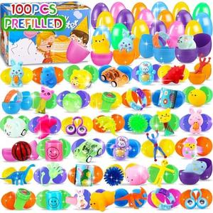 100 PCS Prefilled Easter Eggs with Toys Inside, Plastic Easter Eggs Filled with Toys Bulk for Easter Egg Hunting, Assortment Birthday Party Supplies Gifts Classroom Carnival Prizes for Boys Girls