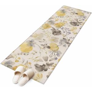 Yellow Gray Floral Runner Rug 2x6 Washable Kitchen Rug Non-Slip Lightweight Thin Soft Bathroom Runner Botanical Watercolor Plants Flowers Texture Beige Carpet for Hallway Laundry Room Bedroom Entryway