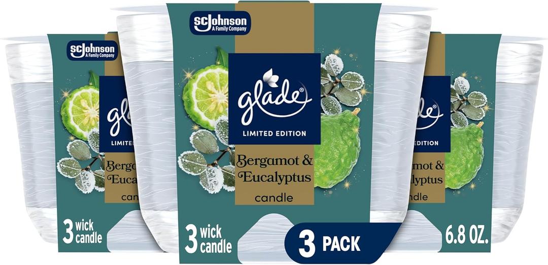 Glade 3-Wick Scented Candle Jar, Bergamot & Eucalyptus, Air Freshener Infused with Essential Oils, 6.8 Oz, 3 Count