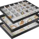 ProCase Stackable Large Jewelry Drawer Organizer, 3 Pack Velvet Jewelry Organizer Tray with Removable Dividers for Earring Necklace Bracelet -Black (24 Slot + 12 Slot + 10 Hooks)