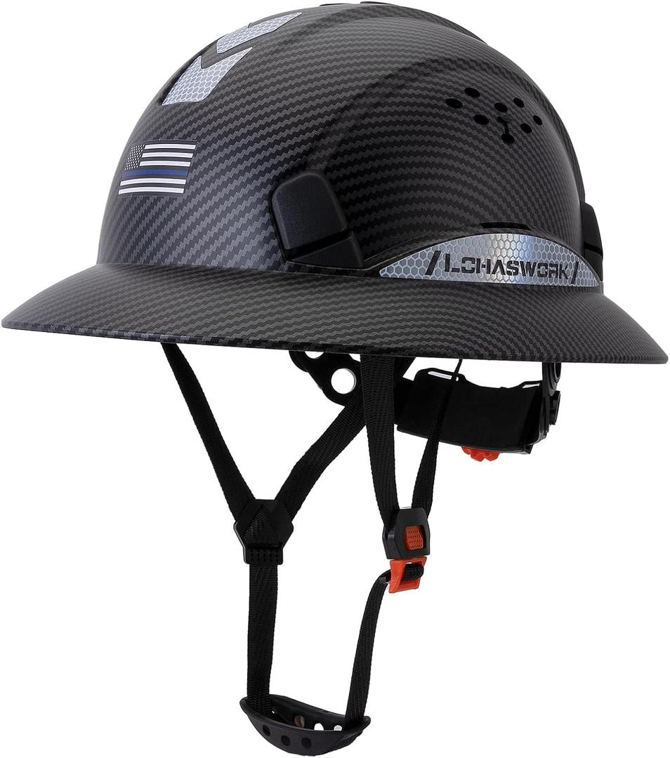 Full Brim Hard Hat, OSHA Construction Work Approved, ABS Safety Helmet with 6 Point Adjustable Ratchet Suspension Industrial Work, Black