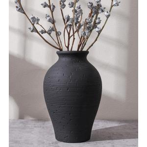 Ceramic Flower Vase Home Decor, 9 in Farmhouse Table Vases Rustic Vintage Living Room Kitchen Bedroom Pottery Decorative Vases for Flowers House Book Shelf Office Coffee Desk Dining Entryway, Black