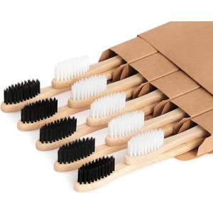 NUDUKO Bamboo Toothbrushes Biodegradable Toothbrush 10 Pack - Eco-Friendly, Natural Wooden Tooth Brush, BPA Free Travel Size Organic Soft Bristle Toothbrush, Soft Toothbrushes for Adults (Black&white)