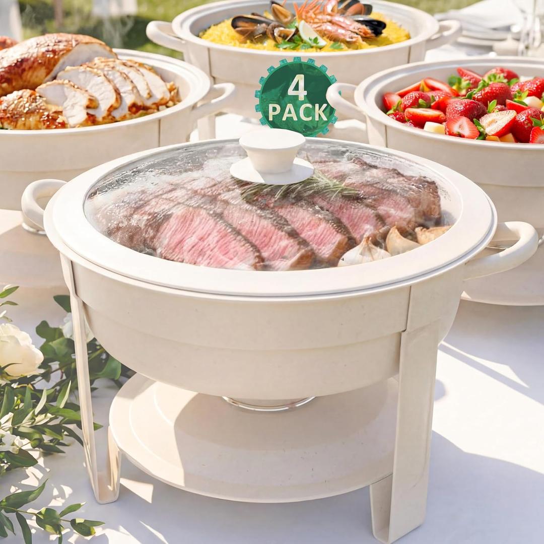 6QT Round Chafing Dish Set of 4, White Granite Finish Stainless Steel with Transparent Lids Elegant Buffet Servers & Warmers, Stackable Storage | Wedding, Catering, Party