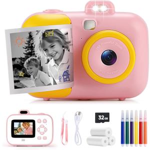 Instant Camera for Kids with Print Paper, 1080P HD Kids Camera Instant Print with 32GB SD Card, Girls Toys for Ages 5-7, Birthday Gifts for 5 6 7 8 9 Year Old Girls (Pink)