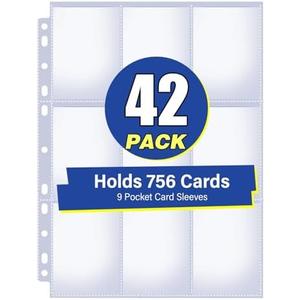 42 Pack 9 Pocket Double Side Card Sleeves Binder Sheets, Holds 756 Cards, Trading Card Binder Sleeves for 3 Ring Binder, Card Sleeve Pages for Baseball, Football, Business, TCG, Kpop Cards