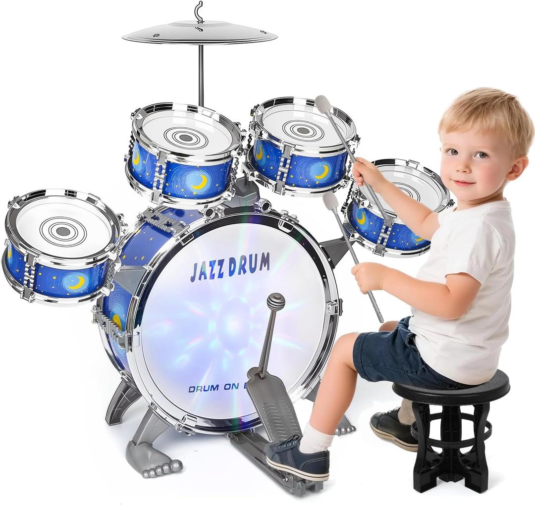 Kids Drum Set for Toddlers Ages 25  Musical Toy with Stool, Perfect Birthday Xmas Gift for Boys & Girls
