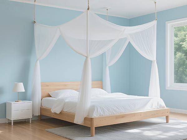 lazyzzz Canopy Bed Curtains Queen Bed Drapes,59"x78"x78" White Polyester Canopy Net with 4-Post Ropes, Princess Canopy Drapes Mosquito Net for Bedroom, Wedding - Easy Install