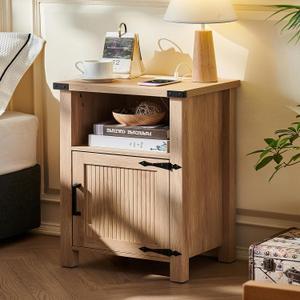 Joaxswe Boho Fluted Nightstand for Bedroom, 18" Rustic Night Stand with Charging Station & USB Port, Modern Accent Bedside Tables with Open Storage Shelf & Door, Wood End Table for Home, Natural Oak, 14" x 18" x 26"