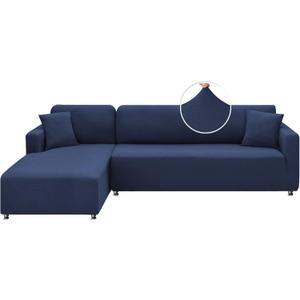 XINEAGE Sectional Couch Cover High Stretch L Shaped Sofa Cover 2 Pieces Non Slip Slipcover with Chaise Furniture Protector with 2 Pillowcases for Pets & Dogs (3 Seat Sofa + 3 Seat Chaise, Navy Blue)