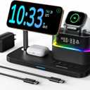 5 in 1 Wireless Charger with Alarm Clock for Apple Multiple Devices,Bedside Night Light Nightstand Mag-Safe Charging Station for iPhone 16/15/14/13/12,Apple Watch,Air-Pods(Black)