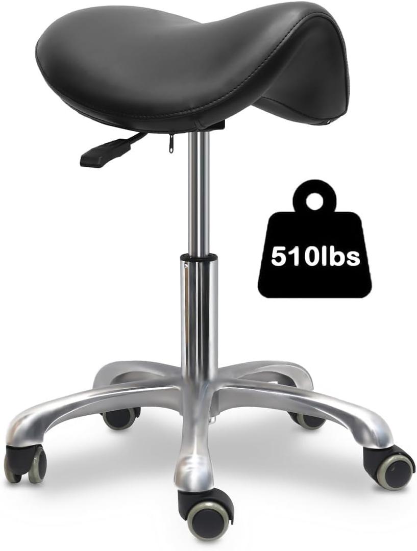 Saddle Stool with Wheels, Rolling Stool, Rolling Chair Ergonomic Swivel Rolling Chair with Hydraulic Lifting Height Adjustable Rolling for Office Medical Massage Salon Drafting(Black), 19.68-26.77 Inch Height 500lbs Capacity