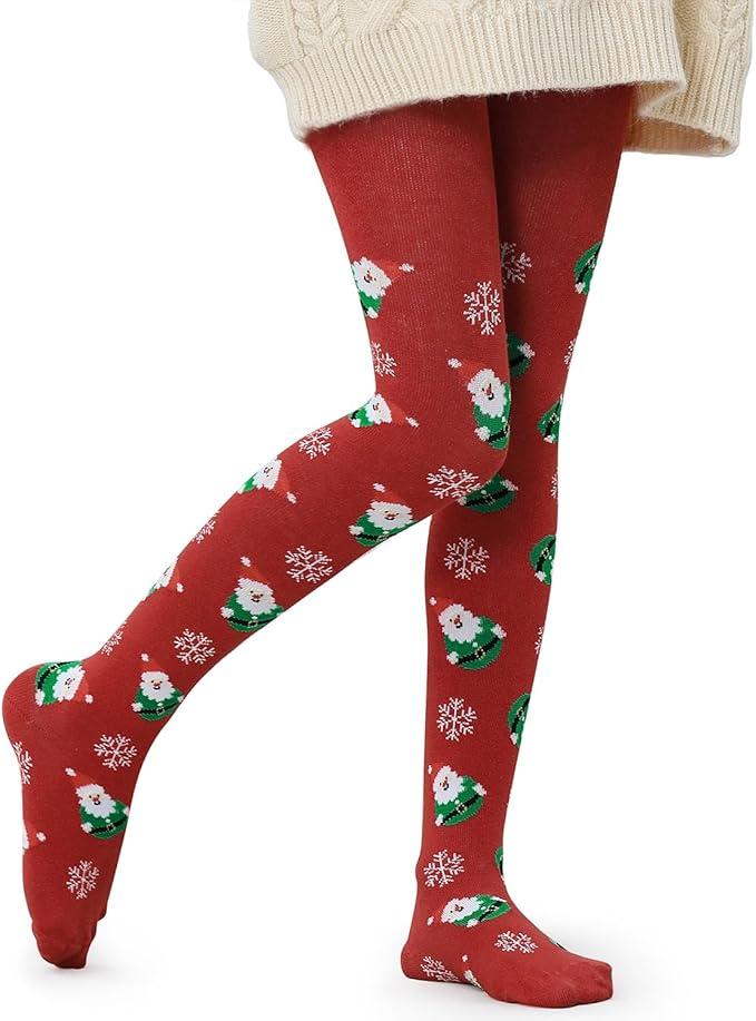 Aaronano 2 Pairs Girls Patterned Red Tights Christmas Holiday Stockings Kids Snowflake Printed Tights for Girls 4-10t, Medium