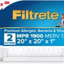 Filtrete 20x20x1 AC Furnace Air Filter, MERV 13, MPR 1900, Premium Allergen, Bacteria & Virus Filter, 3-Month Pleated 1-Inch Electrostatic Air Cleaning Filter, 2-Pack (Actual Size 19.69x19.69x0.78 in)