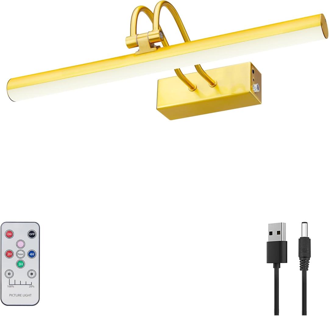 Picture Light,Wireless Art Lights for Paintings,13" Battery Wall Light,Remote Control Accent Lighting with Timer and Dimmable for Frame, Portrait, Artwork-Brass
