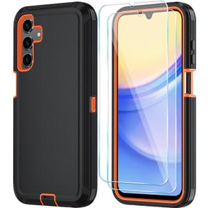 Qinmay Phone Case for Samsung Galaxy A15 5G Case with HD Screen Protector, Heavy Duty Shockproof & Dropproof 3-Layer Cover Phone Case for Galaxy A15,BlackOrange