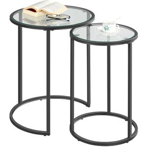 Yaheetech Round Nesting End Table Set of 2,Stacking Side Tables,Coffee Tables Set w/Metal Frame & Glass Top & Protective Foot Pads for Small Space, Living Room, Office- Black