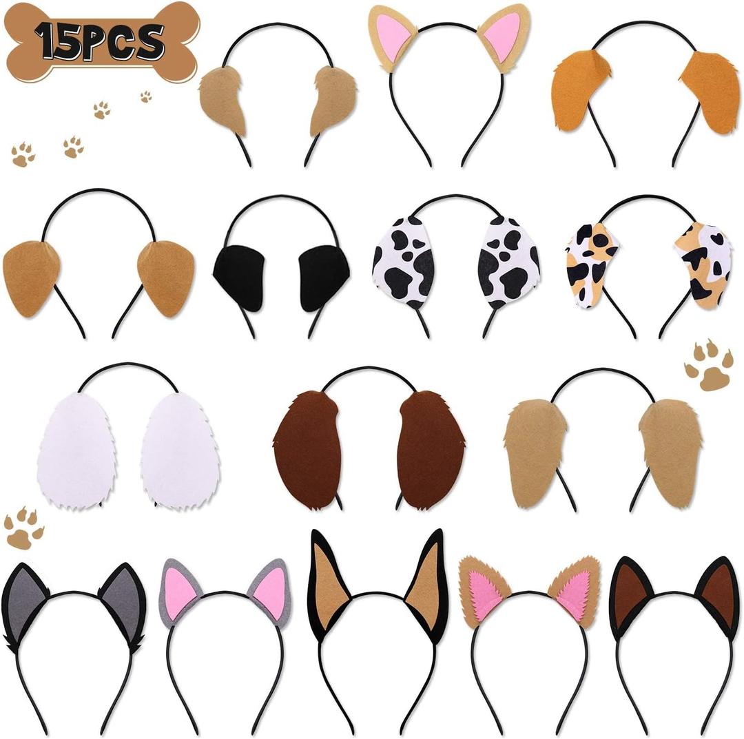 CiyvoLyeen 15 PCS Puppy Dogs Ear Headbands for Pet Birthday Party New Year Favors Dog Theme Costumes Dress-up Photo Booth Props Cute Puppy Baby Shwer Party Supplies Gift