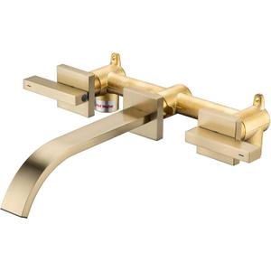 Brass Wall Faucet Brushed Gold Wall Mounted Bathroom Faucet, Wall Mount Bathroom Sink Faucet, Dual Lever Handle, Rough-in Valve Included, Pt001-BG
