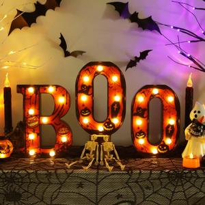 Boo Sign Light Up Halloween Mantel Decor - 8.5 Inch Boo LED Marquee Letters Halloween Decorations Indoor - Battery Operated Lights for Kitchen Table Bedroom Living Room Home Wall Party Decor (Black)