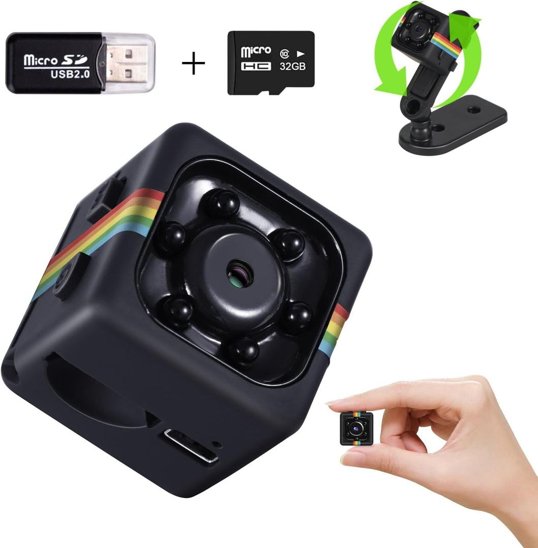 No WiFi Security Camera, 1080P Mini Spy Camera with 32GB TF Card, 140 Wide Angle, Night Vision, Motion Detection, 360 Rotating Bracket, No Monthly Fee Small Cam for Travel, Cycling, Outdoor