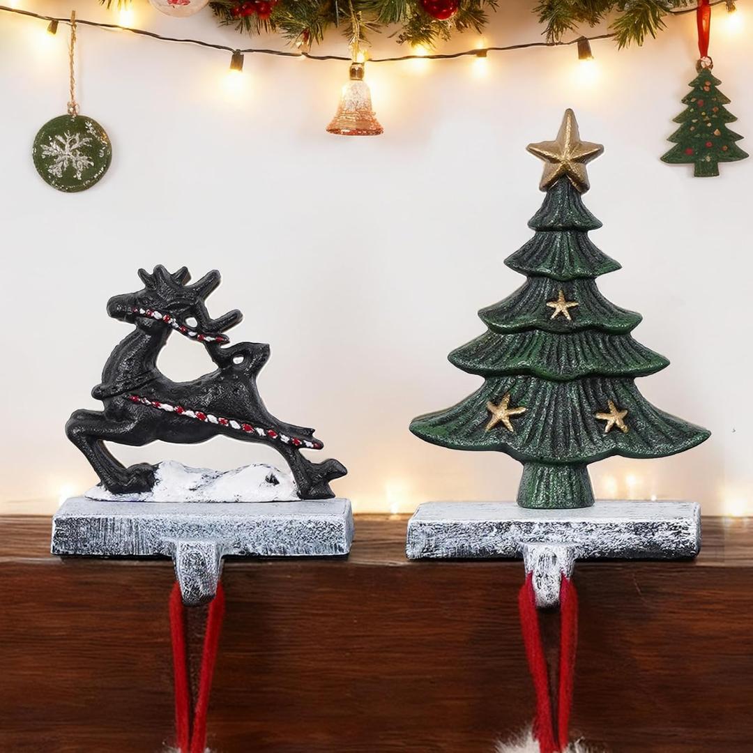 Stocking Holders for Mantle  3D Christmas Stocking Holder Heavy Duty Cast Iron Garland Hangers for Mantel with Non-Slip Base | Xmas Decor, Sturdy Fireplaces Hook (Tree and Deer)