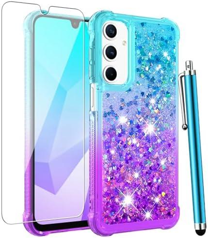 CAIYUNL for Samsung Galaxy A56 5G Case with Screen Protector, Glitter Bling Liquid Floating Cute Women Girls Phone Case Slim TPU Soft Shockproof Protective Cover for Samsung Galaxy A56 5G-Blue Purple