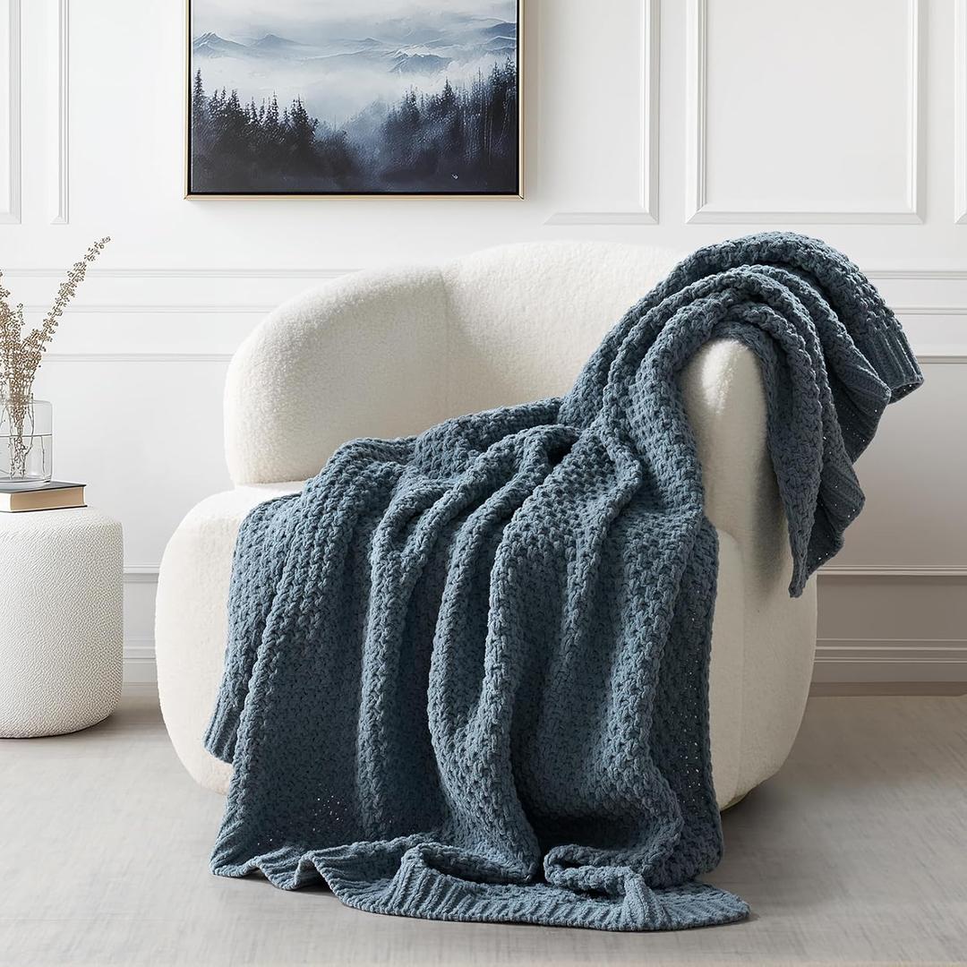 EVERGRACEHOME Chunky Chenille Knit Throw Blanket for Couch, Soft Luxurious Moss Stitch Blankets for Bed, Cozy Decorative Farmhouse Knitted Throws for Sofa, Stormy Blue, 50" x 60"