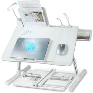 iXTRA Laptop Lap Desk with Cooling Fan - Adjustable with Light, USB, Storage Drawer - Folding Bed Desk,22.04"*12.59",White