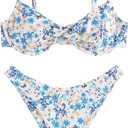ZAFUL Women's Twist Front Bikini Sets Underwire Tie Back Bikini High Waisted Two Piece Swimsuit (1-floral Blue), S