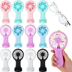 Woanger 12 Pcs Mini Handheld Fan Bulk 3 Speed USB Electric Battery Operated Small Portable Pocket Fan with Data Cable and Mounting Base Quiet Summer Gift(White, Pink, Blue, Black, Green, Purple)