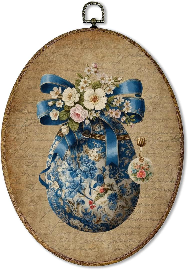 AEHIE Vintage Easter Chinoiserie Egg Oval Wall Art Decor, Blue and White Egg Canvas Artwork Framed, Farmhouse Chinoiserie Floral Easter Picture Oval Wall Art for Home Bedroom Living Room Decor, 11x8.5