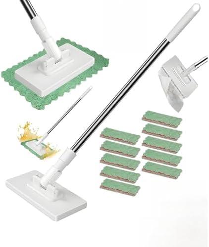 Snap Grip Mini Mop,Retractable Cleaning Tool - Zero Touch Gap & Floor Duster with 40" Handle, 10 Washable Pads for Under Furniture, Corners & Multi-Surface Dry/Wet Use (White - 10 Cloth)