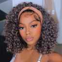 Aisaide Headband Wig 12 Inch Deep Curly Headband Wigs for Black Women Highlighted Brown Glueless No Lace Kinky Curly Half Hair Wigs,Dark Chocolate Brown