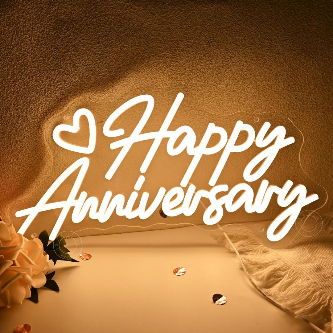 SYLHOME Happy Anniversary Led Neon Light Sign Family Business Celebrate Banner Wall Sign Decor Birthday Wedding Anniversary Valentine's Day Backdrop 15.75" X 9.8" USB Warm White