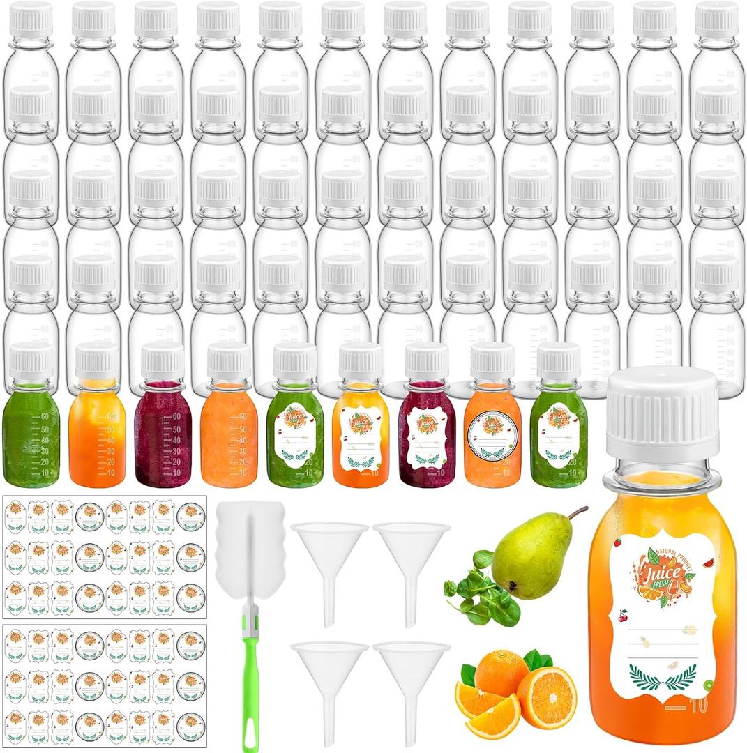 LemonRoad 100 Pcs 2oz Small Plastic Juice Bottles with White Cap Mini Reusable Clear Shot Jar with Lid Scale and Label for Ginger Liquid Drink Milk Beer Coffee Storage Container Portable Travel