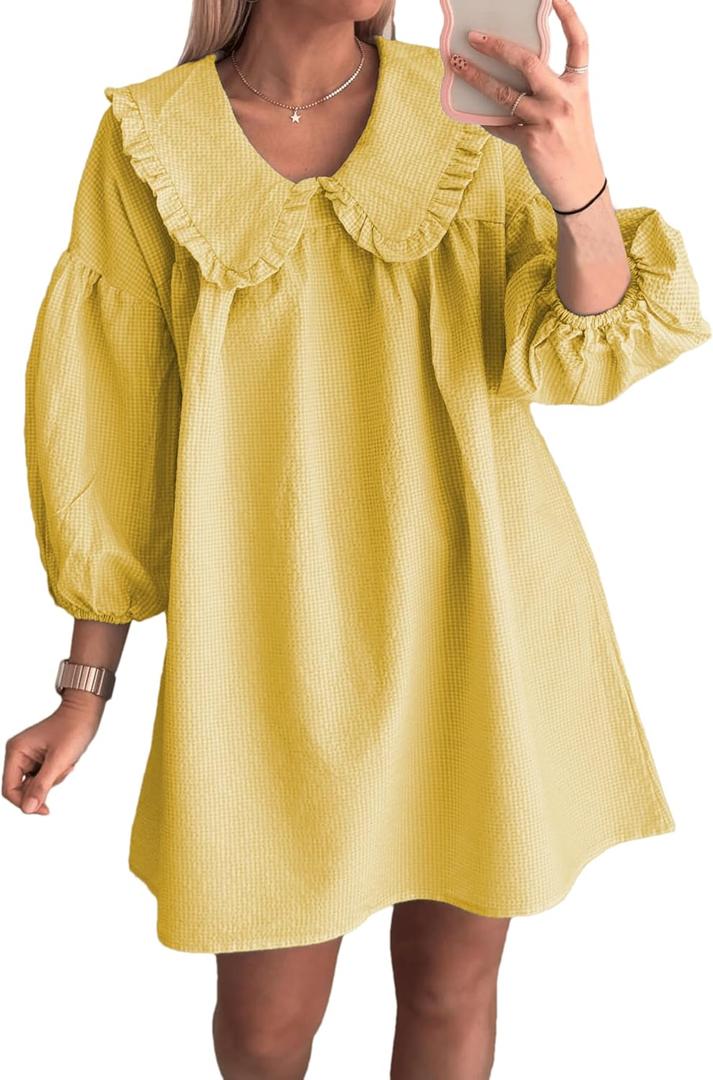 2025 Women's Babydoll 3/4 Puff Sleeve Plaid Mini Dress Lapel Doll Collar Loose Y2k Dress (Yellow), Small