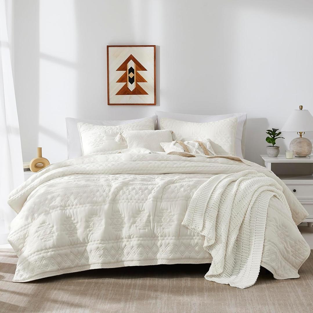 WDCOZY Boho Ivory Quilt King Size Bedding Sets with 2 Pillow Shams, Cream White Farmhouse Lightweight Soft Bedspread Coverlet for All Season, 3 Pieces, 104x90 inches