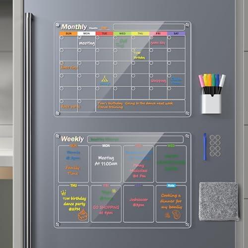 Acrylic Magnetic Calendar for Fridge, 2-Pack Monthly & Weekly Dry Erase Board Planner Noteboard Set for Refrigerator, Glass/Wood Wall, 6 Colors Markers (16"x12")