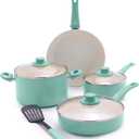 GreenLife Soft Grip 8 Piece Cookware Set, Non-Toxic PFAS-Free Ceramic Nonstick, Frying, Sauce, Saut, Utensils, Glass Lids, Stay-Cool Handles, Wobble Free, Dishwasher & Oven Safe, Turquoise (8 Piece Cookware Set, Turquoise)