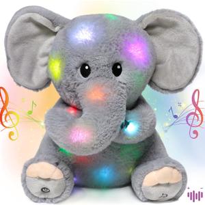 Hopearl LED Musical Stuffed Elephant Lighting Up Singing Plush Toy Adjustable Volume Lullaby Animated Soothe Birthday Festival for Kids Toddler Girls, Gray, 11''