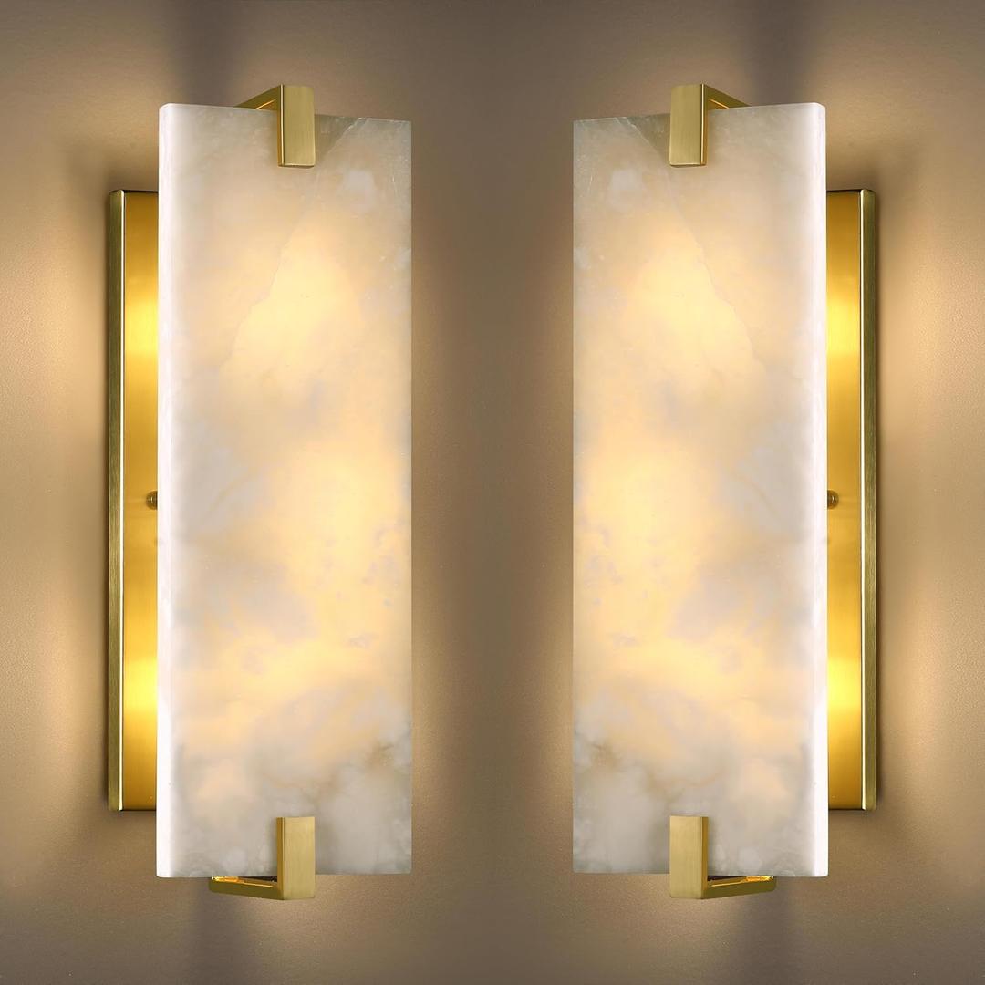 15.7" Natural Square Alabaster Marble Modern Concise 2 Pack 2 Light Wall Sconce Fixture,Gold Finish for Bathroom Bedroom Hallway Bedside Staircase Vanity Mirror